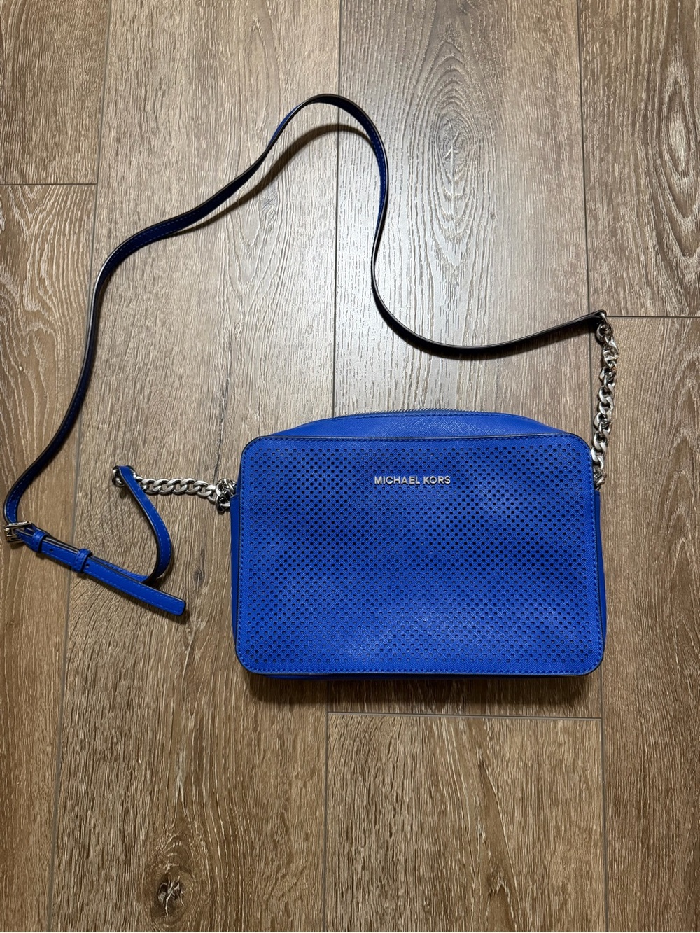 Michael Kors Cobalt Perforated Leather Crossbody with Chain Strap